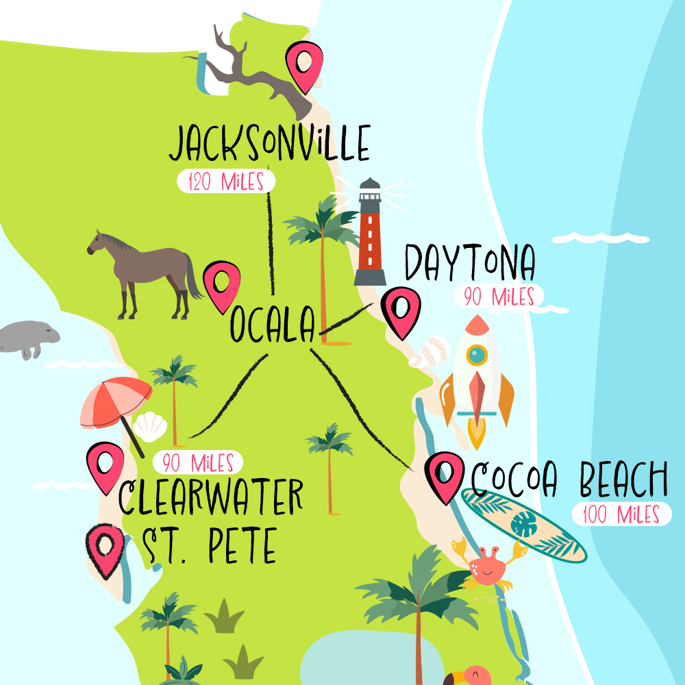 Map of Ocala, FL - Showing Beaches
