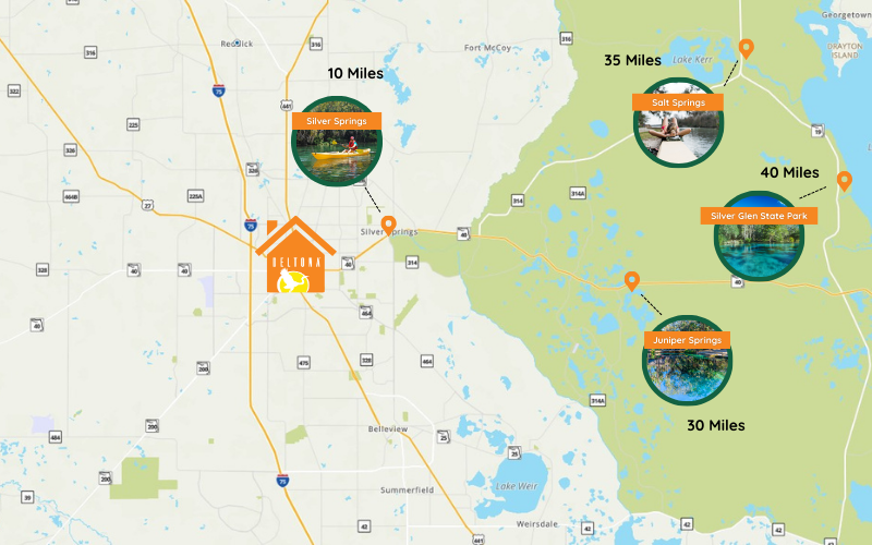 Ocala, FL Map of the springs near Ocala, FL