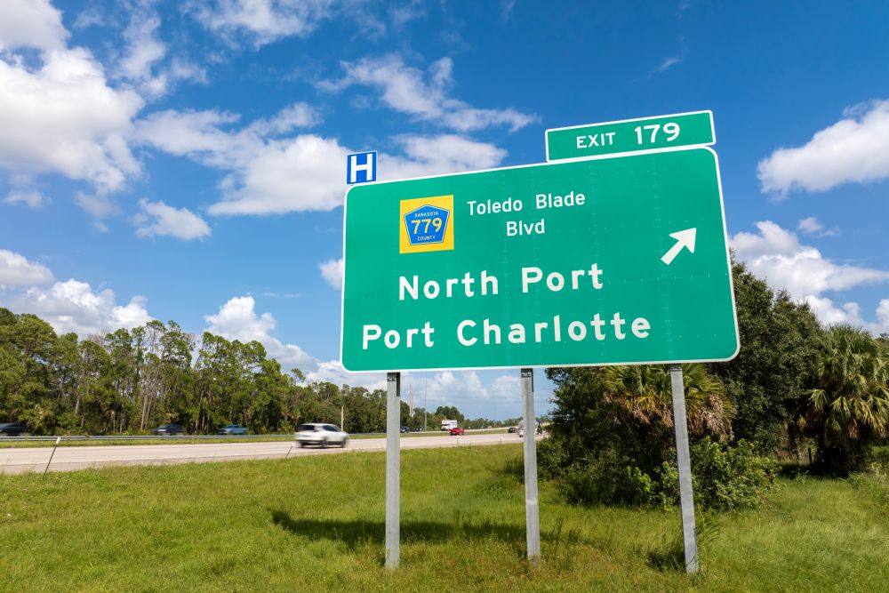 American freeway exit sign in Florida. I-75 highway junction with direction to North Port and Port Charlotte